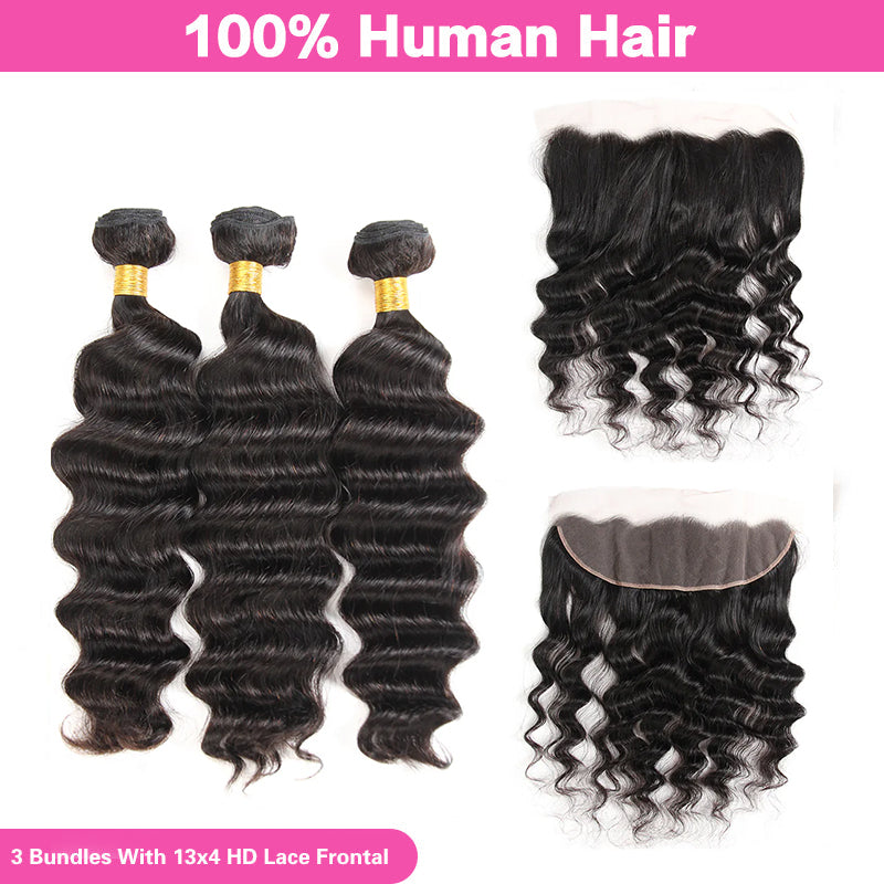 VIYA Loose Deep Wave 3 Pcs Bundles Hair Weft With 13x4 HD Lace Frontal Natural Black Human Virgin Hair