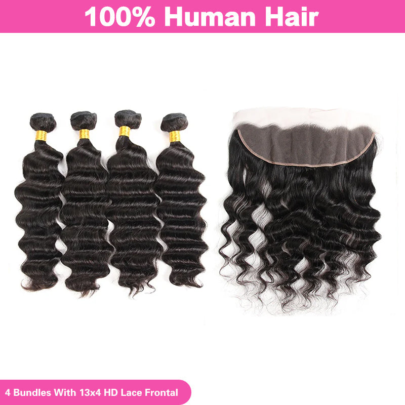 VIYA Loose Deep Wave 4 Pcs Bundles Hair Weft With 13x4 HD Lace Frontal Natural Black Human Virgin Hair