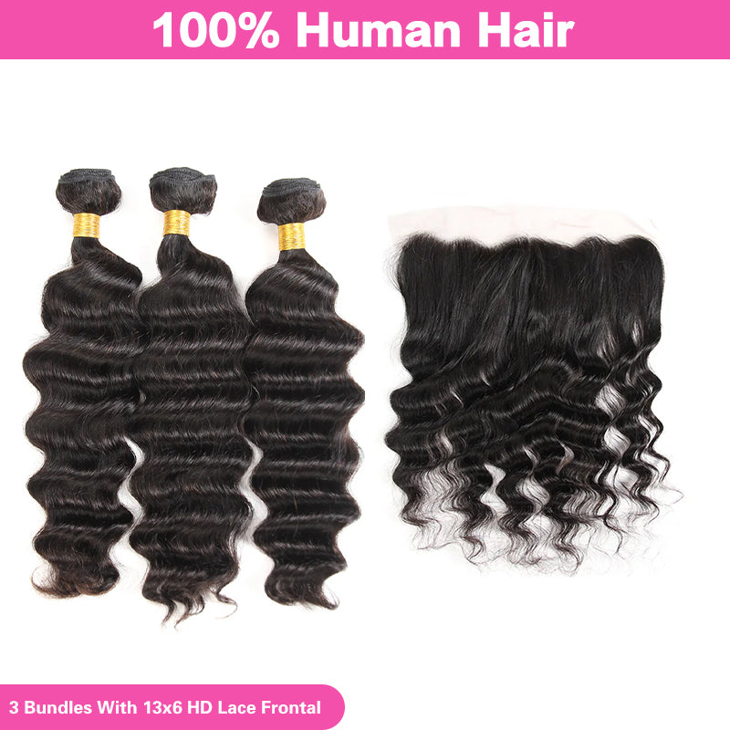 VIYA Loose Deep Wave 3 Bundles With 13x6 HD Frontal Human Virgin Hair Unprocessed