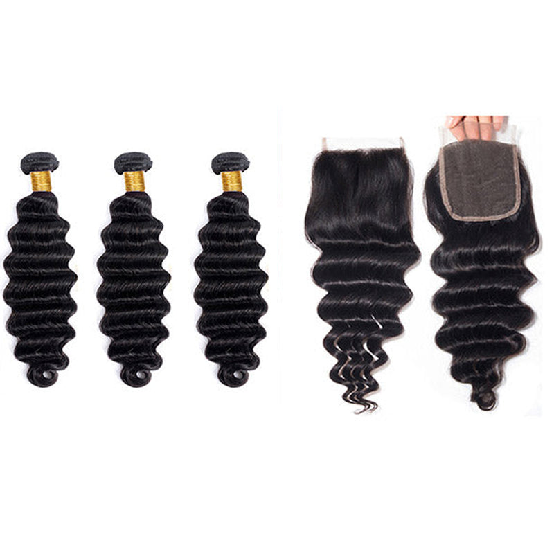 VIYA Loose Deep Wave 3 Pcs Bundles Hair Weft With 5x5 HD Lace Closure Natural Black Human Virgin Hair